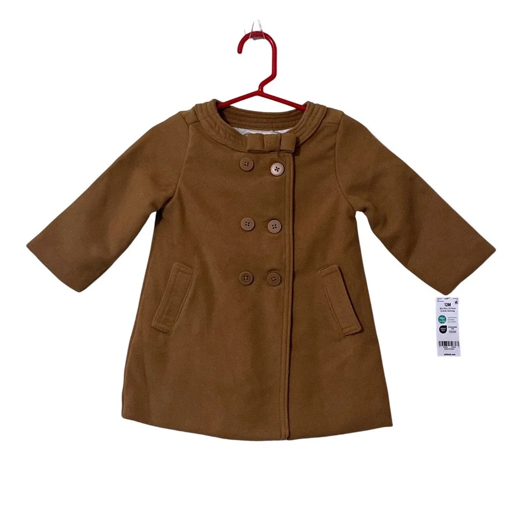 Baby Bgosh Tan Double Breasted Bow Pea‎ Coat 12M Camel Classic Preppy Winter